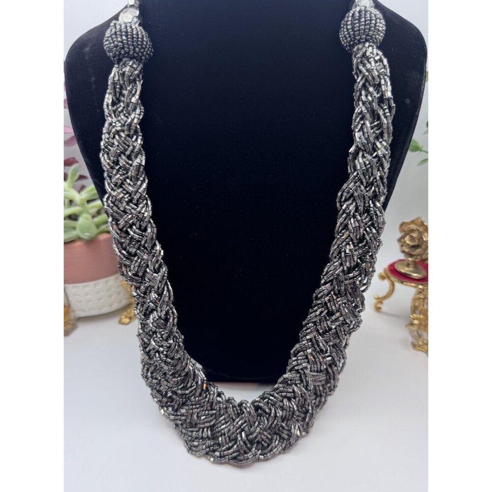 Glass Beads Braided Chunky Necklace Black Silver Lobster Closure Adjustable